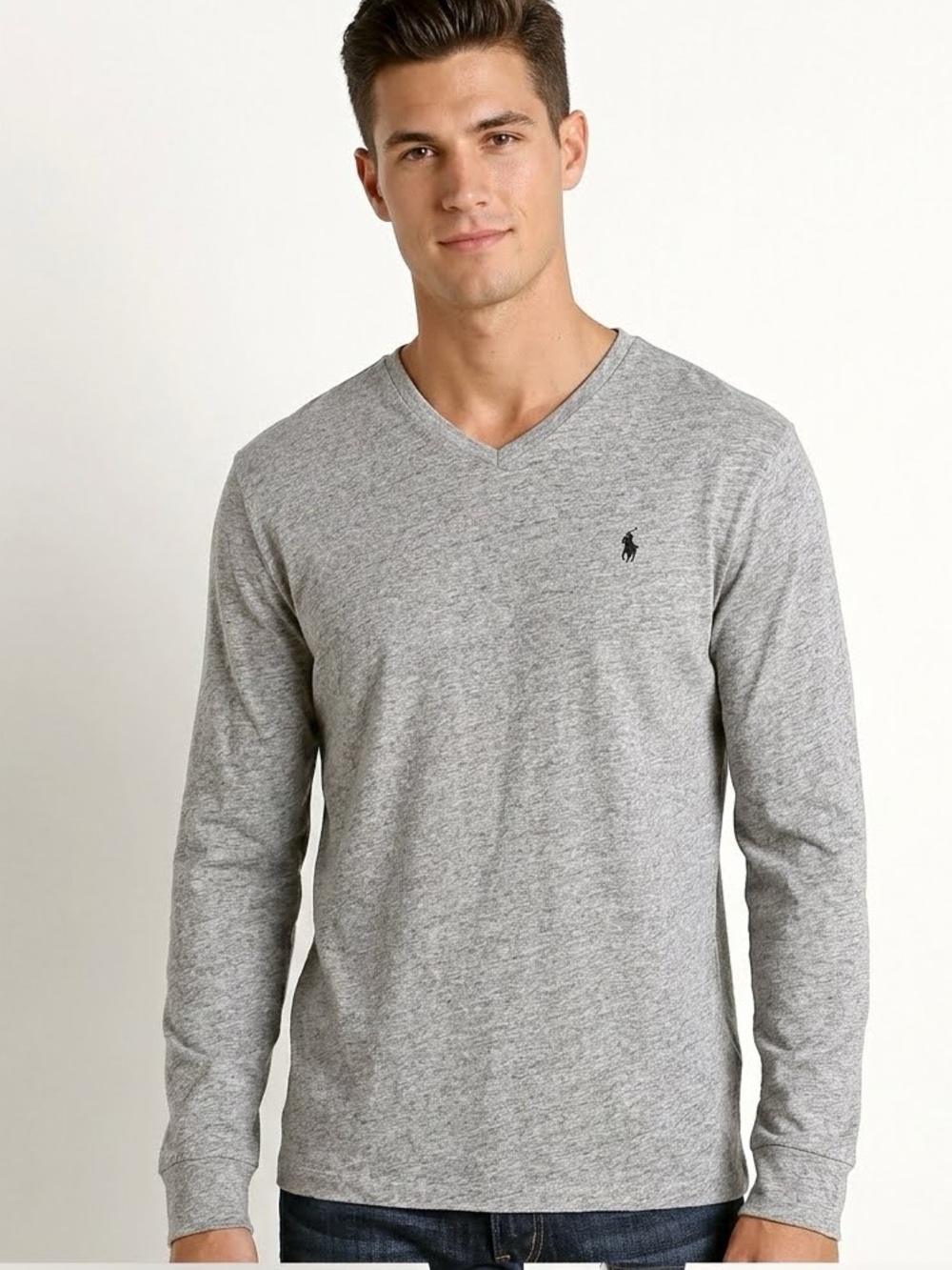 Polo by Ralph Lauren Men's Long Sleeve V‑Neck Tee - Heather Gray with Black Logo
